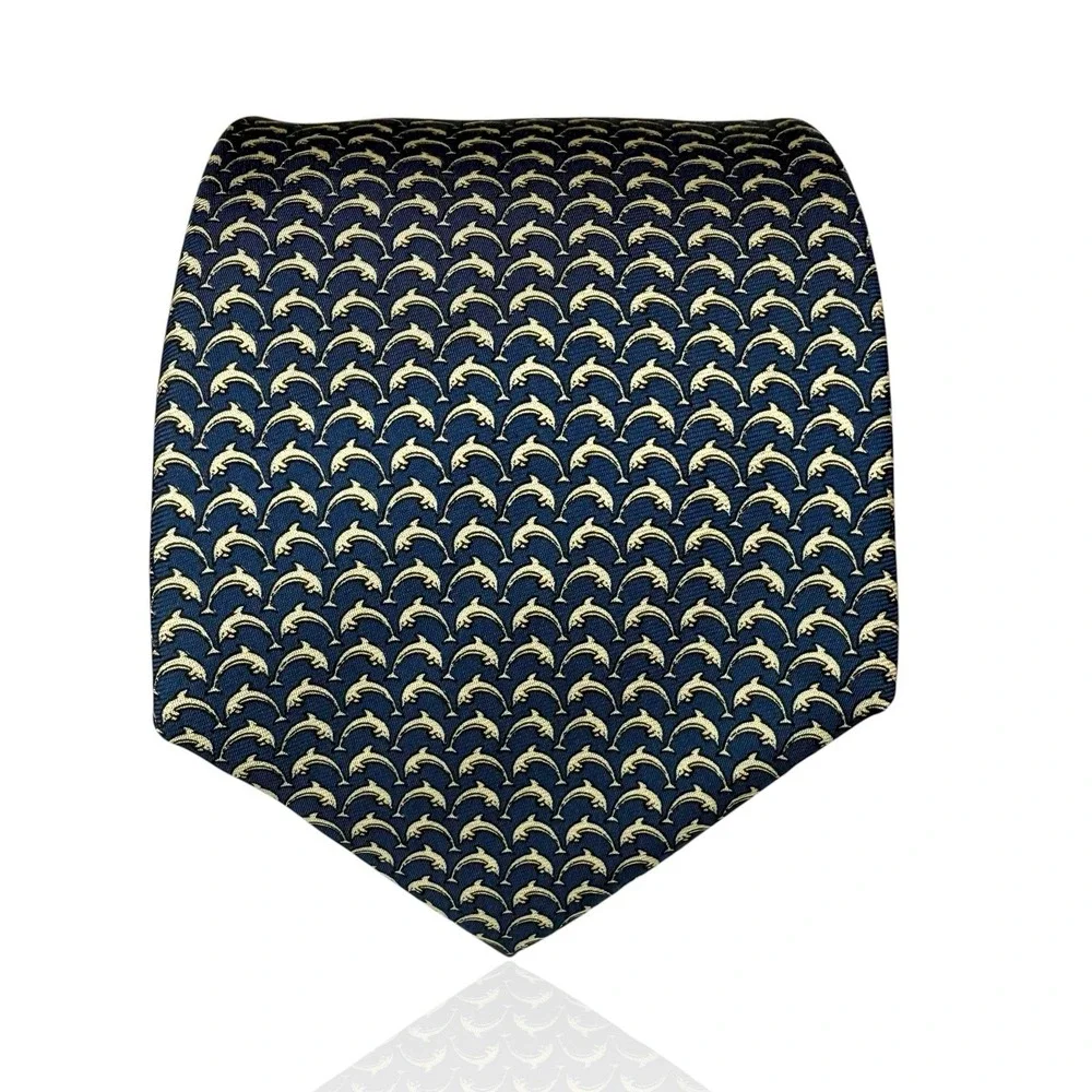 BROOKS BROTHERS 100% Silk Tie Made In USA Imported Mens Blue Dolphin Necktie 57